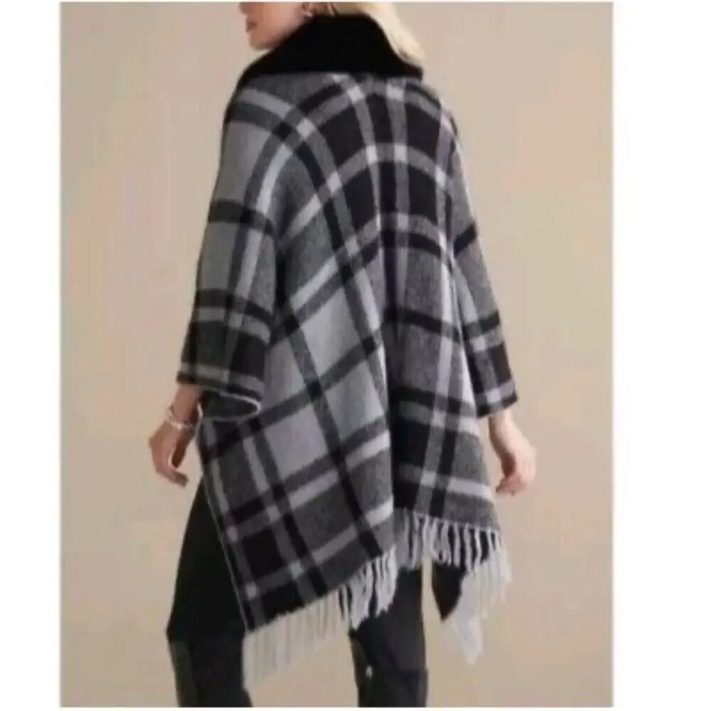 Soft Surroundings Black and Gray Plaid Faux Fur Trim Poncho